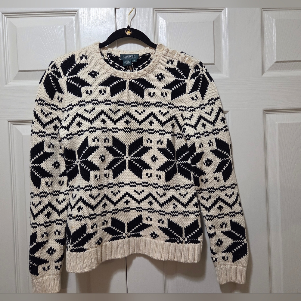Ralph Lauren Womens Black and Cream Crewneck Sweater - EUC - Med